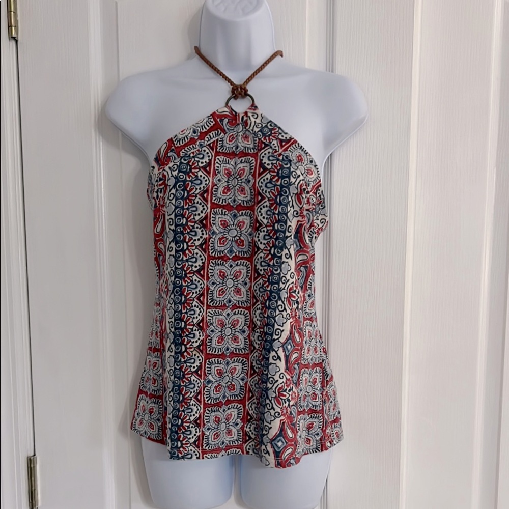 Chaps Red and Black Graphic Halter Tank Top